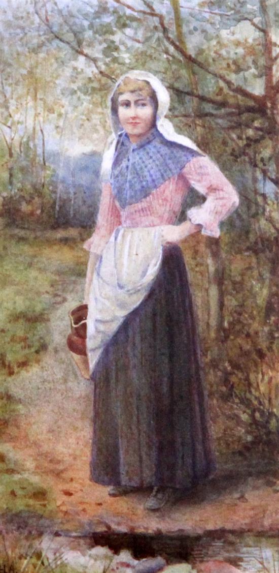 Attributed to Helen Allingham (1848-1926) Woman standing beside a stream, 4.75 x 2.5in.